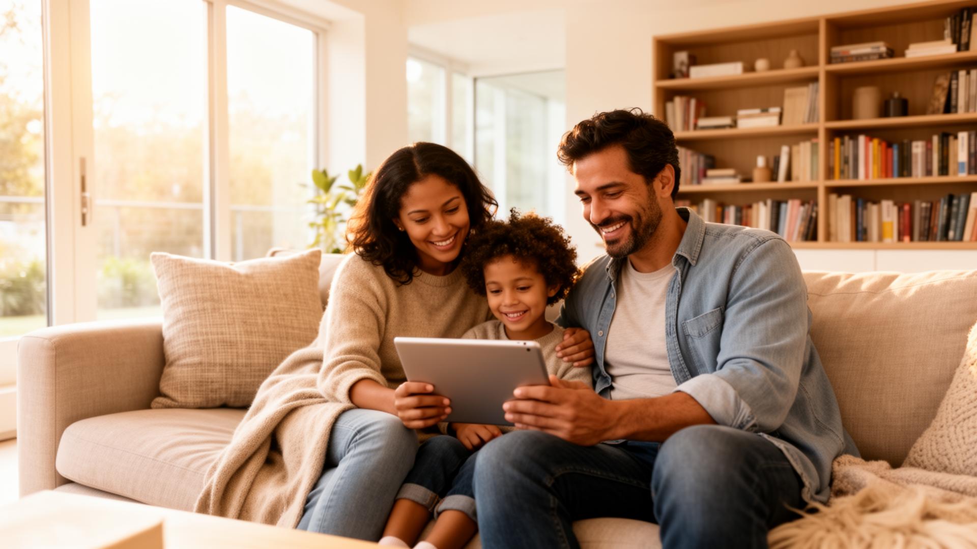 A family using a tablet together in a bright modern living room in the United States